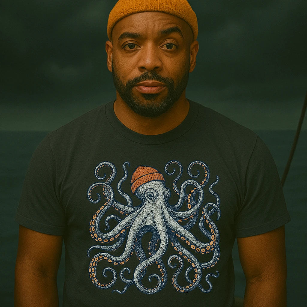 AtSea Defiant Octopus Beanie Pose T-Shirt – Regular Fit | Graphic Oceanware