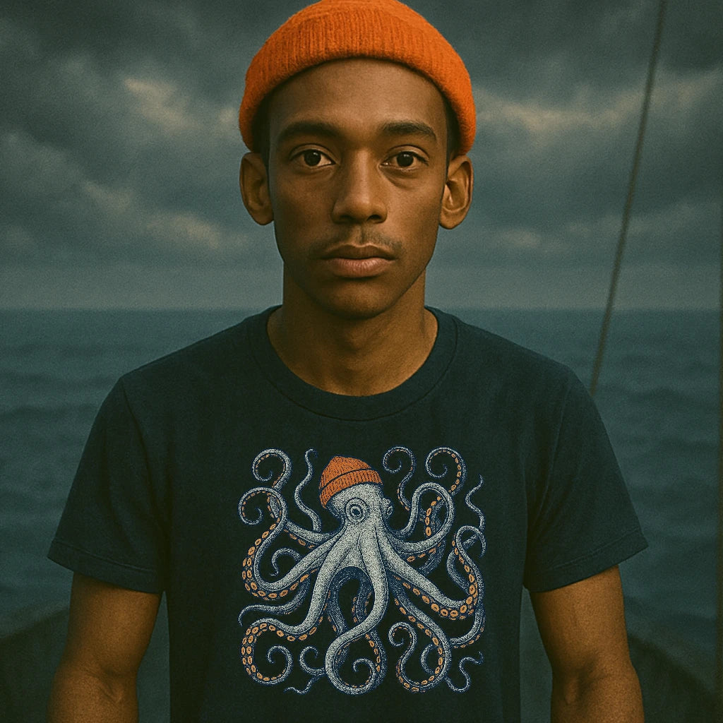 AtSea Defiant Octopus Beanie Pose T-Shirt – Regular Fit | Graphic Oceanware
