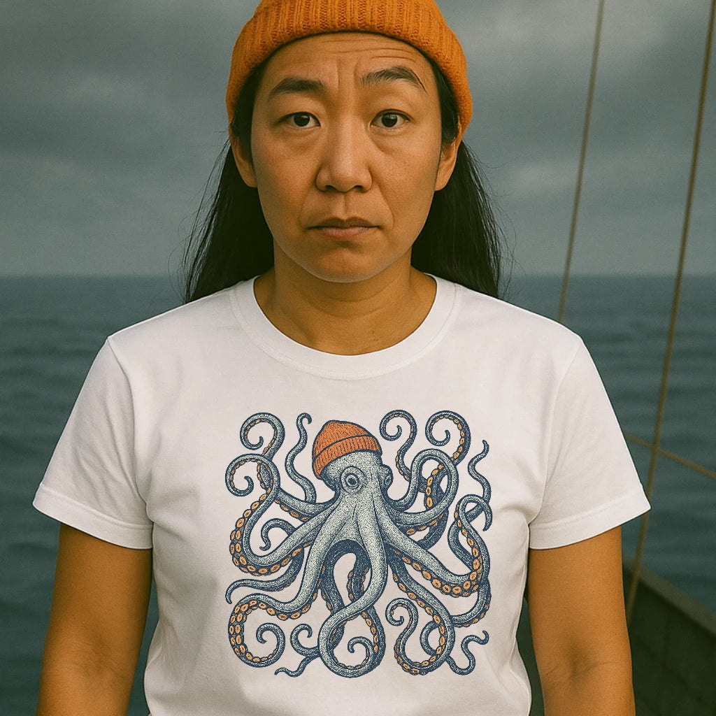 AtSea Defiant Octopus Beanie Pose T-Shirt – Regular Fit | Graphic Oceanware