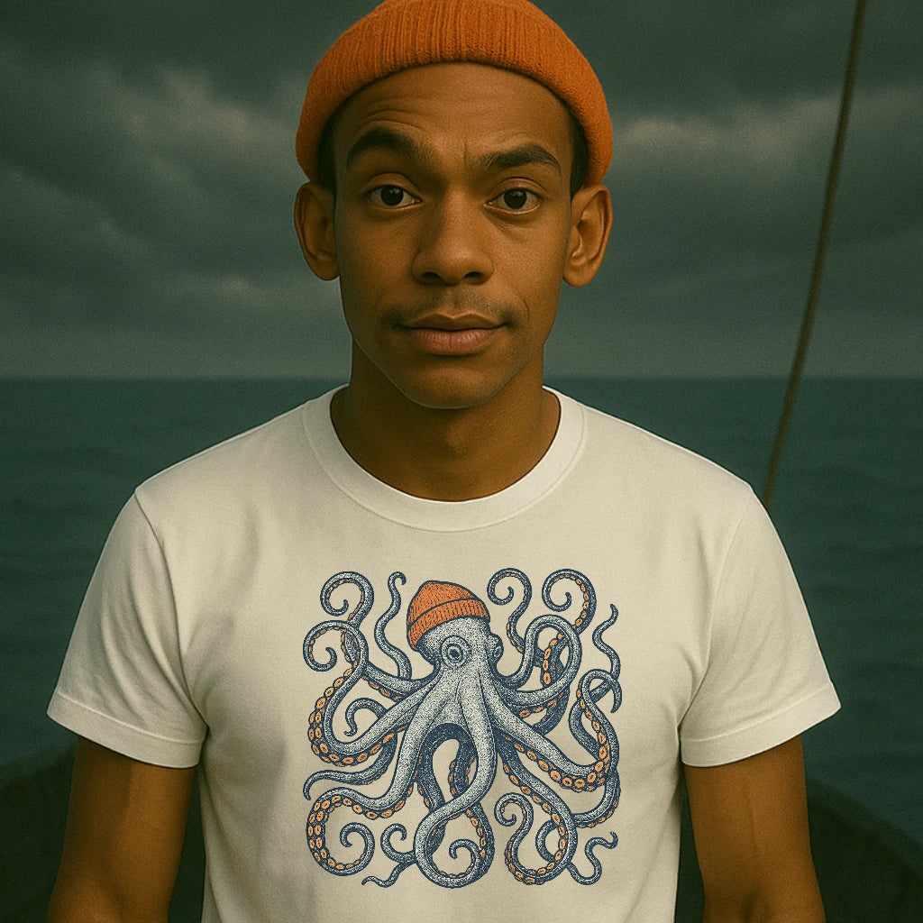 AtSea Defiant Octopus Beanie Pose T-Shirt – Regular Fit | Graphic Oceanware
